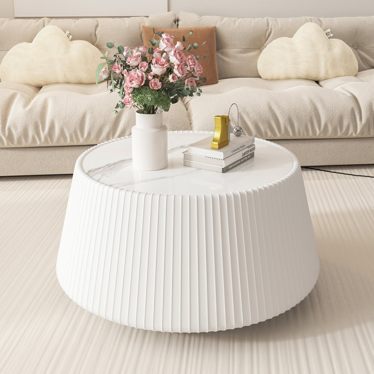 White Sintered Stone Fluted Round Drum Coffee Table, 26.8 in