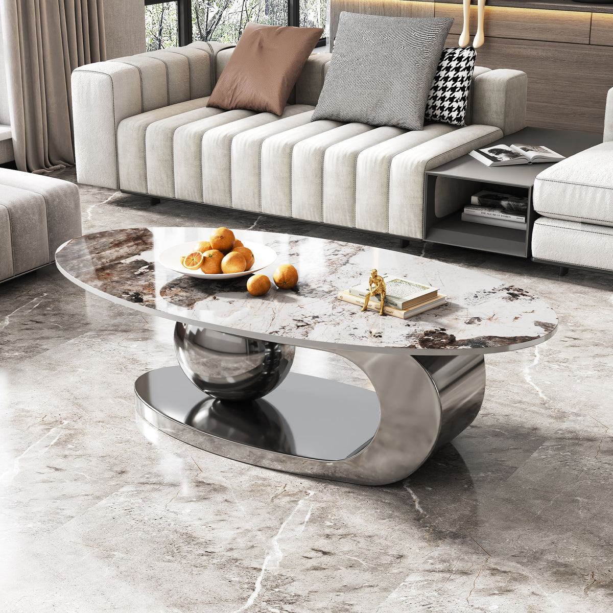 Brown-Veined Sintered Stone Oval Coffee Table with Gray Ball Base, 49.2 in