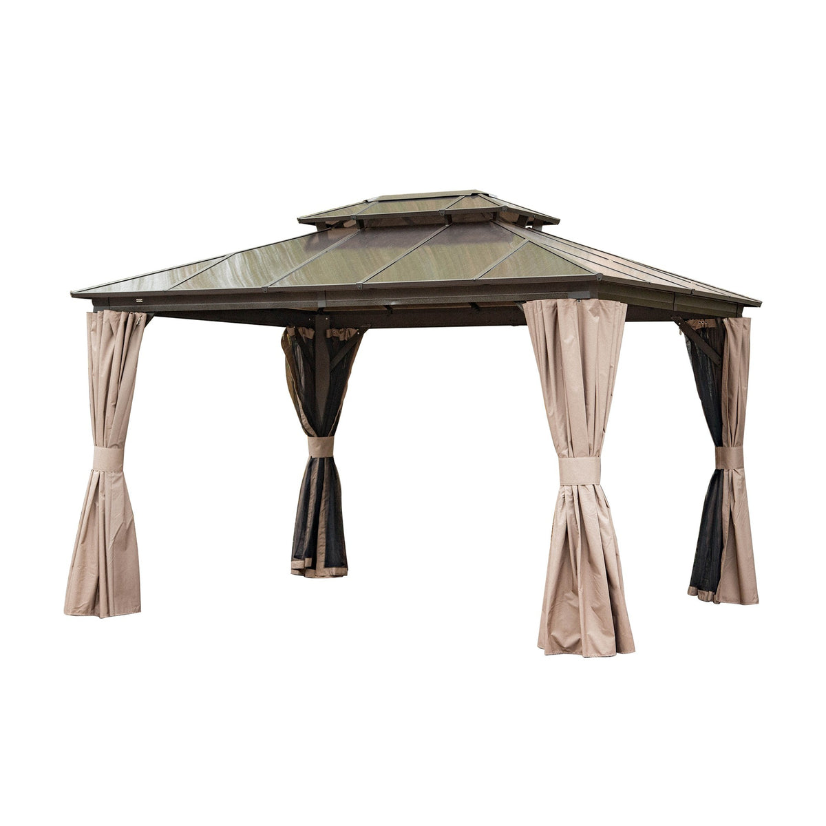 10x12 ft Brown Aluminum Double Roof Hardtop Gazebo with Curtains