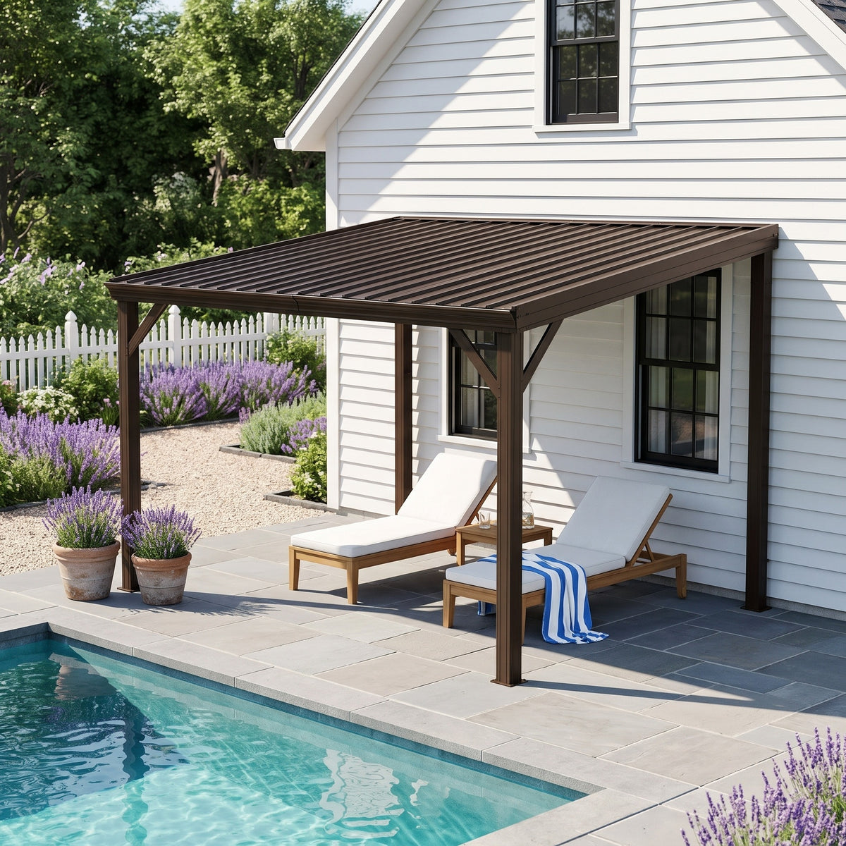 Brown metal 10x10 lean-to hardtop gazebo against a white house shading two lounge chairs beside a pool