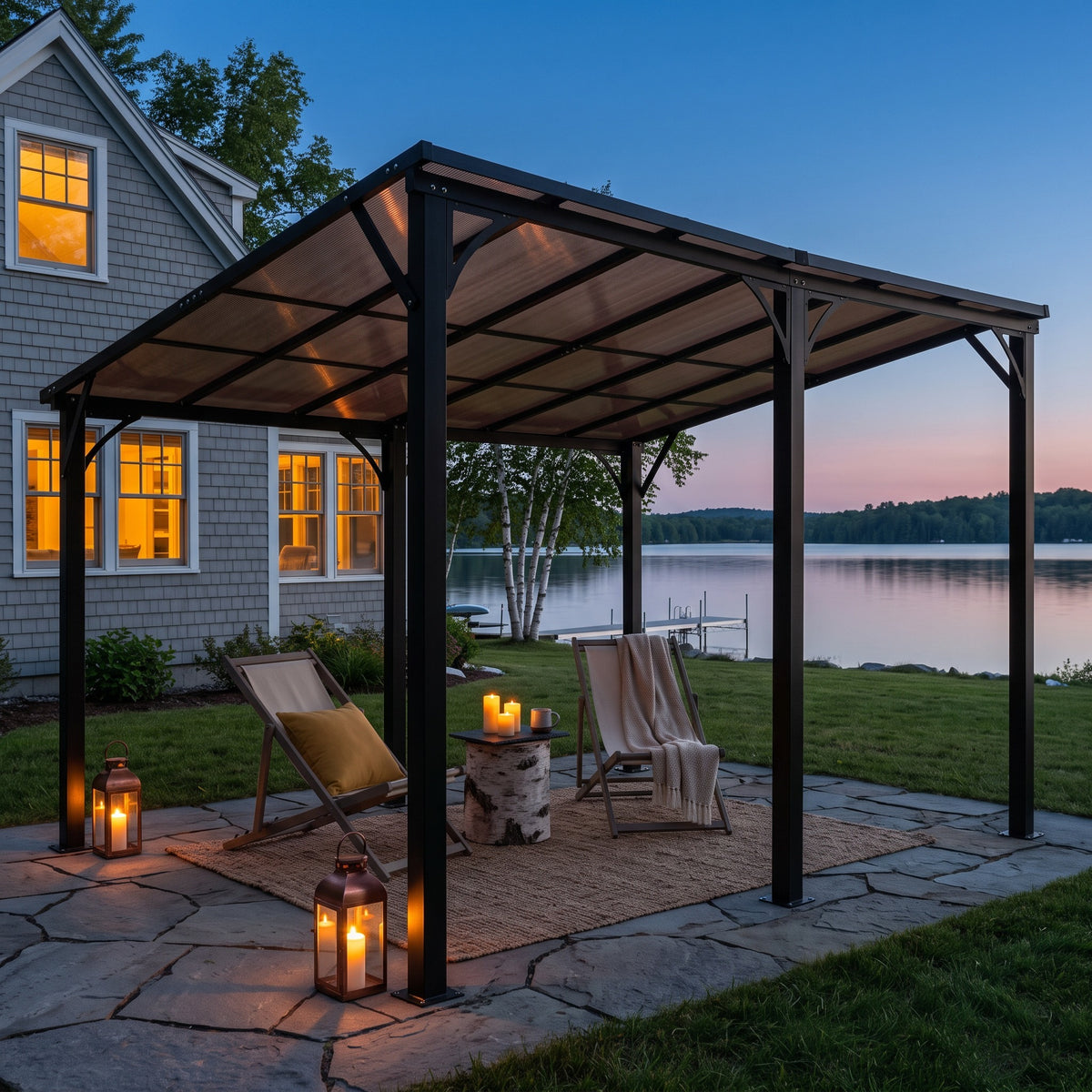 Brown 10x14 aluminum hardtop gazebo over deck chairs on a stone patio by a lake at dusk, lit by lanterns and candles