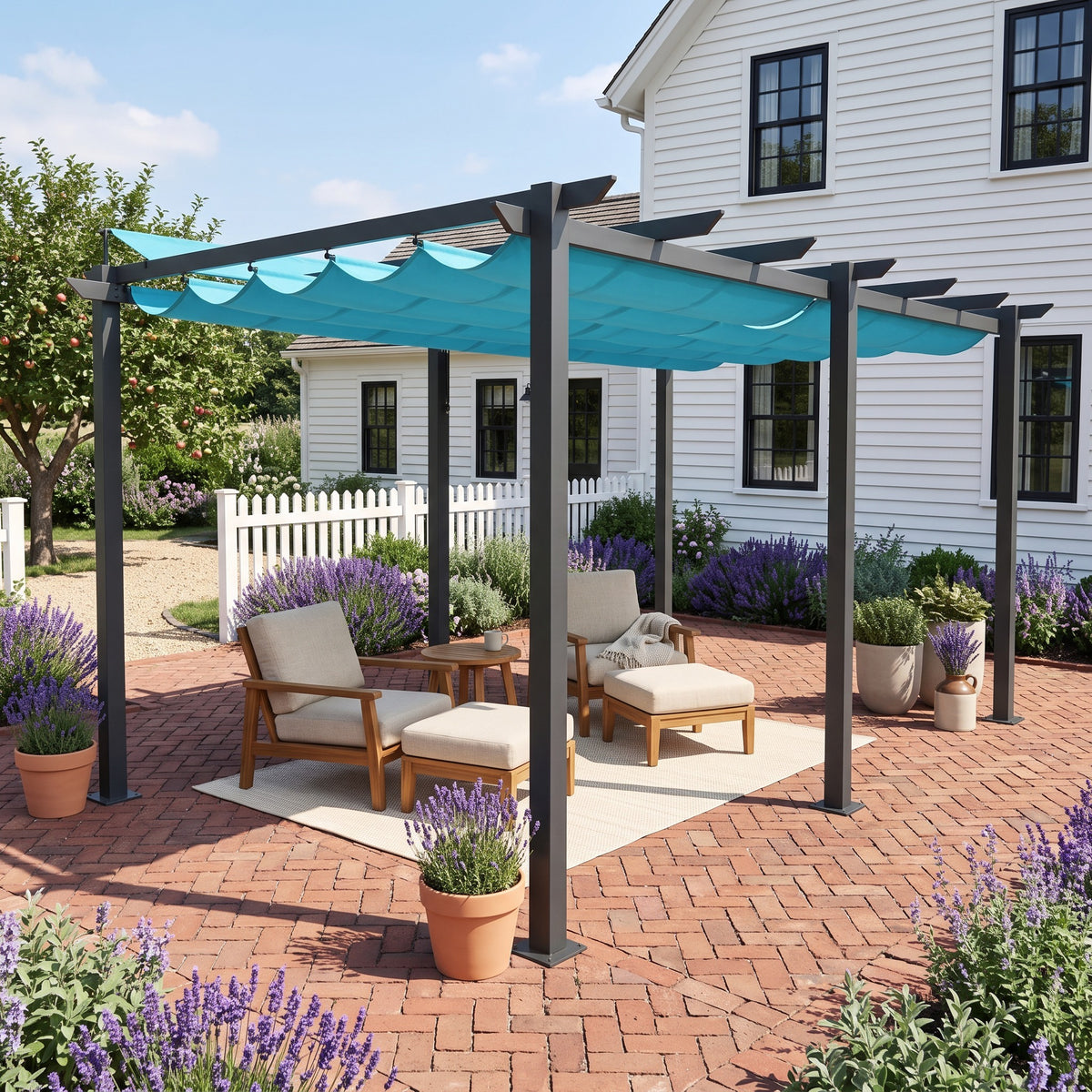 Blue canopy 11x16 aluminum pergola with gray frame over lounge chairs on a brick patio beside a white house