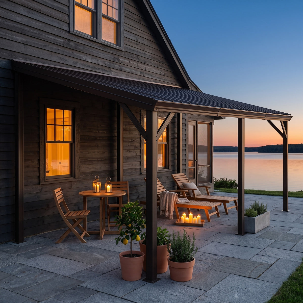 Brown steel wall mounted hardtop gazebo over a stone patio with loungers, lanterns and candles at dusk
