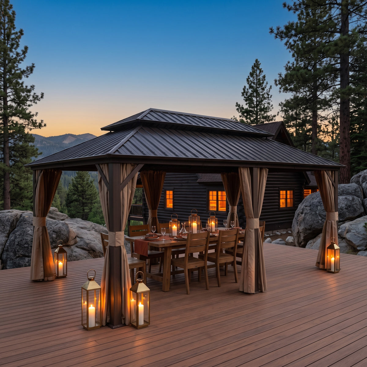 Brown aluminum 12x18 double roof hardtop gazebo with tan curtains over a dining table on a deck at dusk