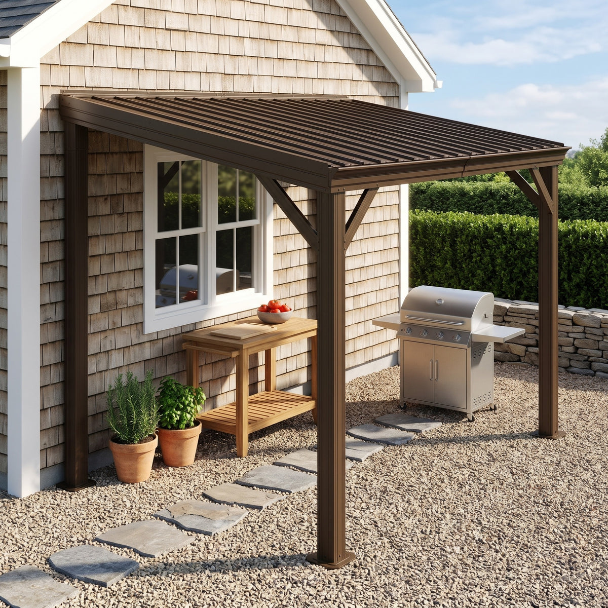 Brown metal lean-to hardtop gazebo against a shingled house wall over a gravel patio with a grill