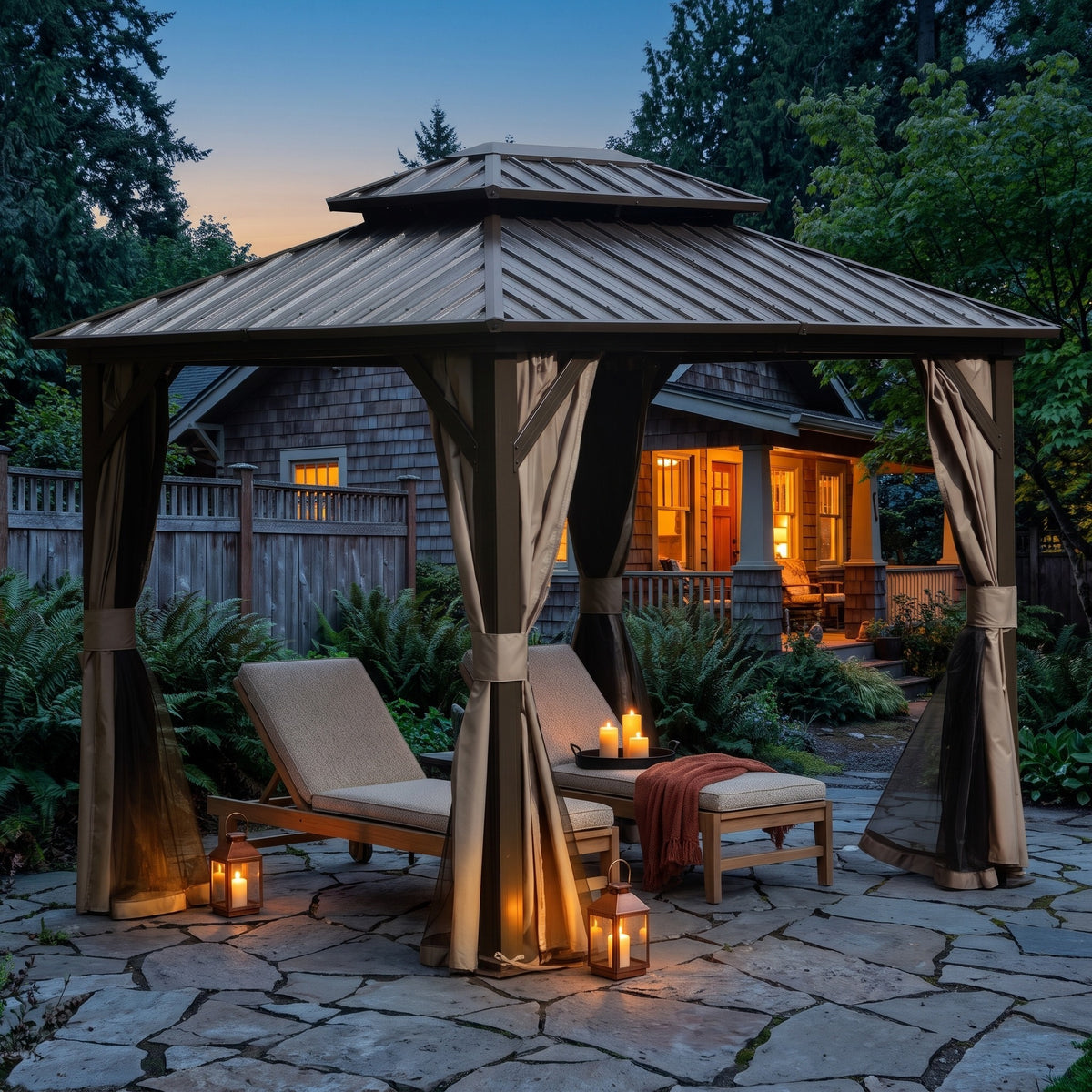 Brown double roof hardtop gazebo with tied back curtains over two lounge chairs on a stone patio at dusk