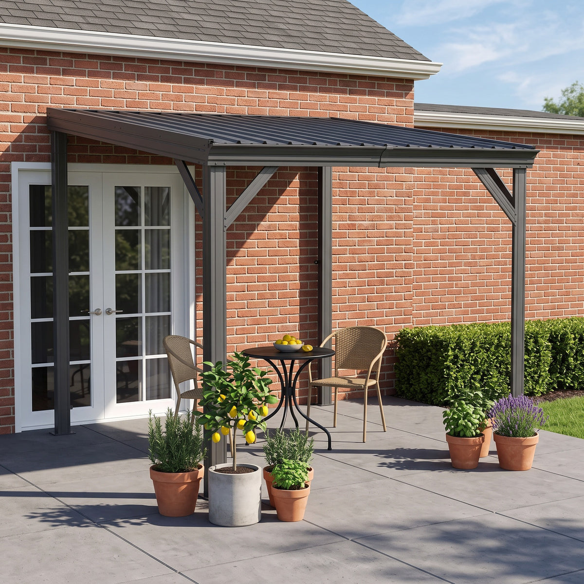 Gray metal hardtop gazebo mounted to a brick house, sheltering a bistro table and chairs on a sunny patio