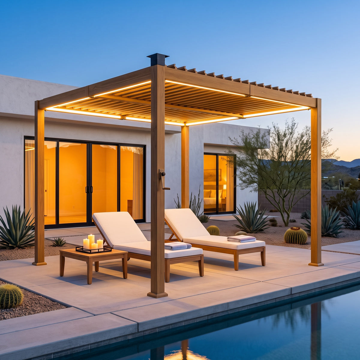 Brown louvered metal pergola with its LED lights glowing over two loungers on a pool deck at dusk
