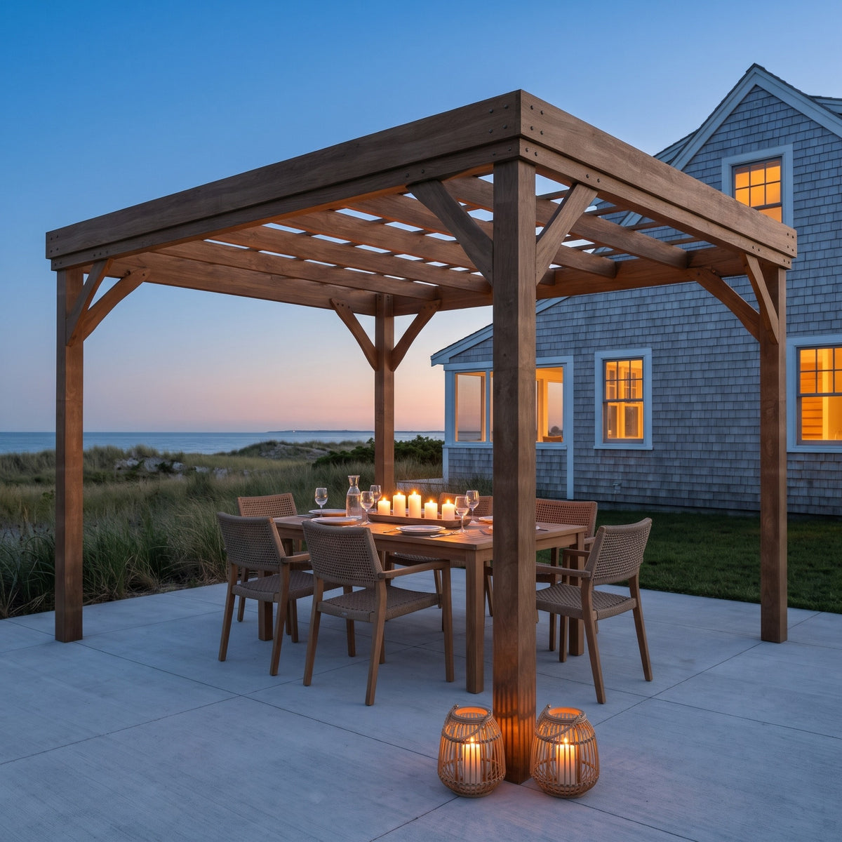 Brown wood pergola over a candlelit dining table on a concrete patio by the sea at dusk