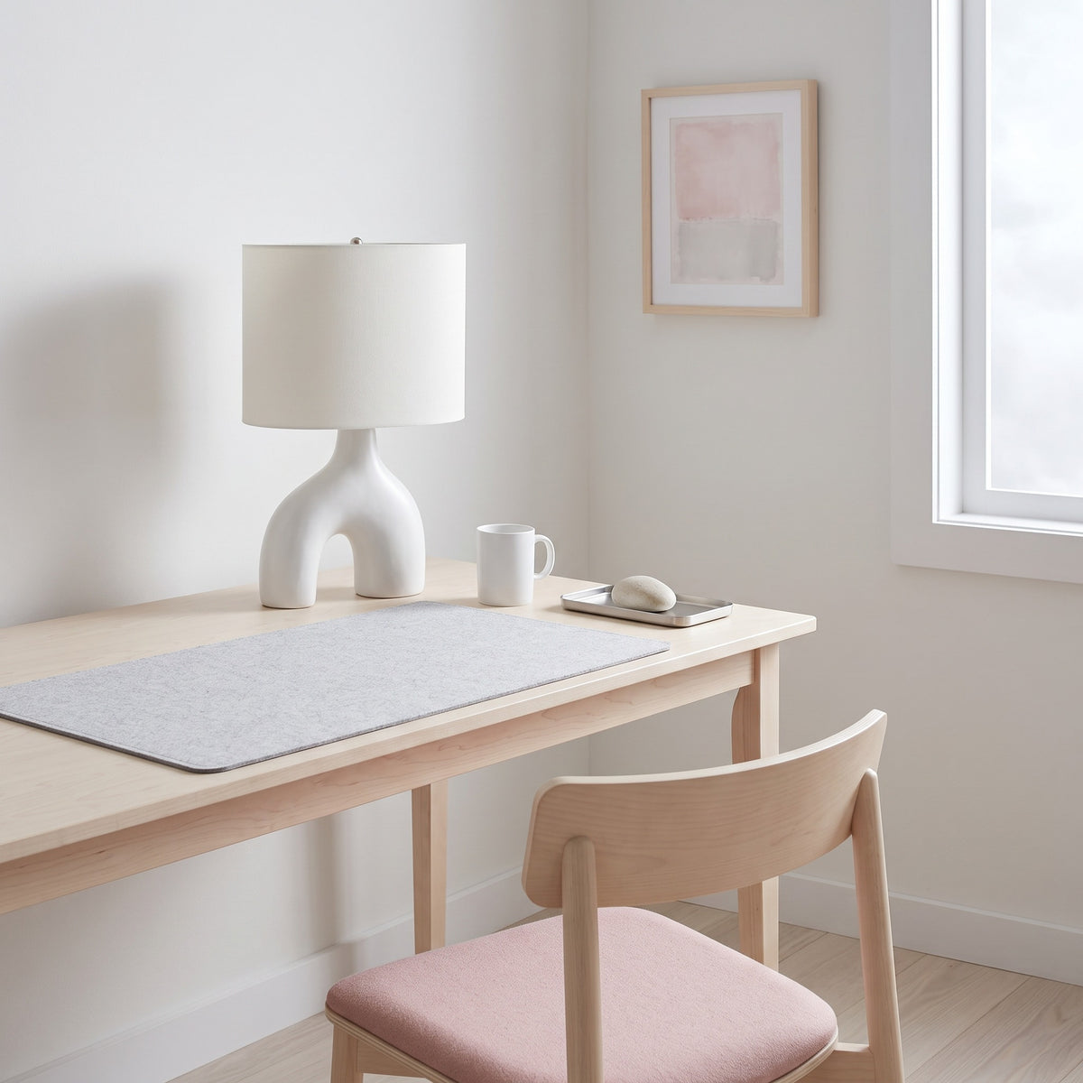 White ceramic arch base table lamp with ivory fabric drum shade on a light wood desk by a window
