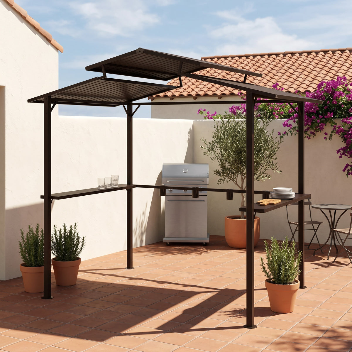 Dark brown metal grill gazebo with double tier roof and side shelves on a terracotta patio in morning sun