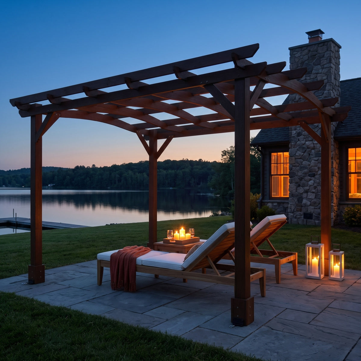Dark brown wood pergola over two lounge chairs on a stone patio by a lake at dusk, lit by lanterns and candles
