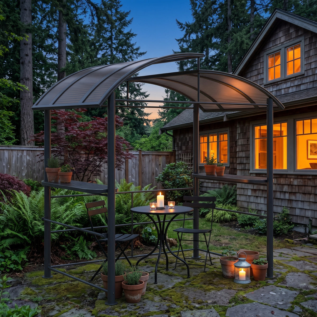 Dark gray metal gazebo with brown polycarbonate roof and side shelves over a candlelit bistro table at dusk