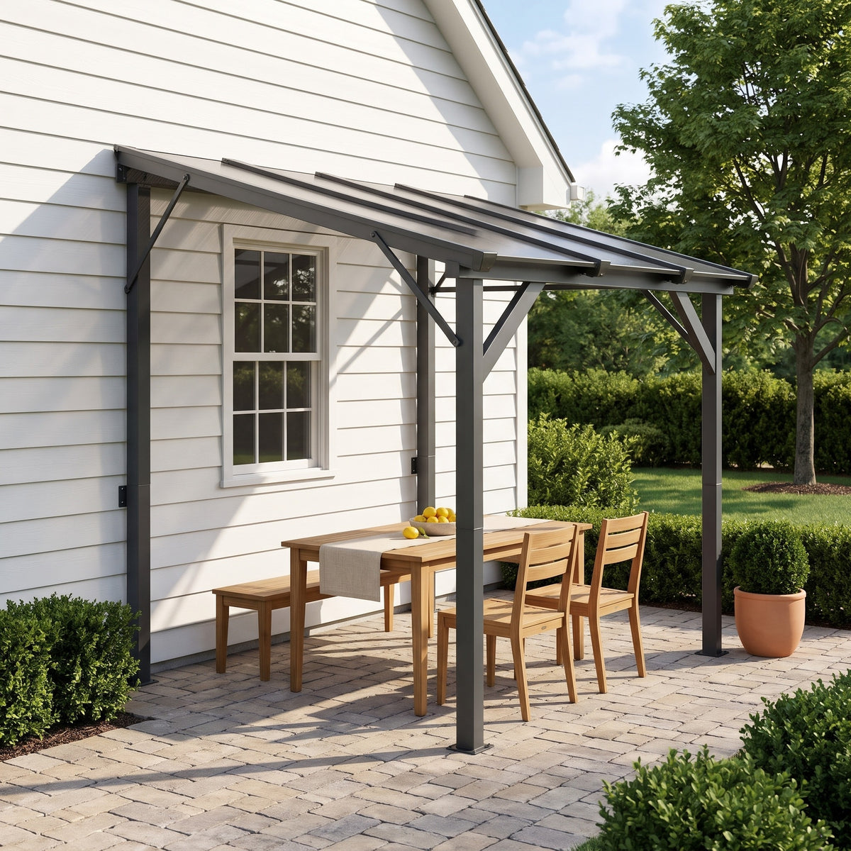 Dark gray metal lean-to hardtop gazebo against a white house over a wood dining table on a paver patio