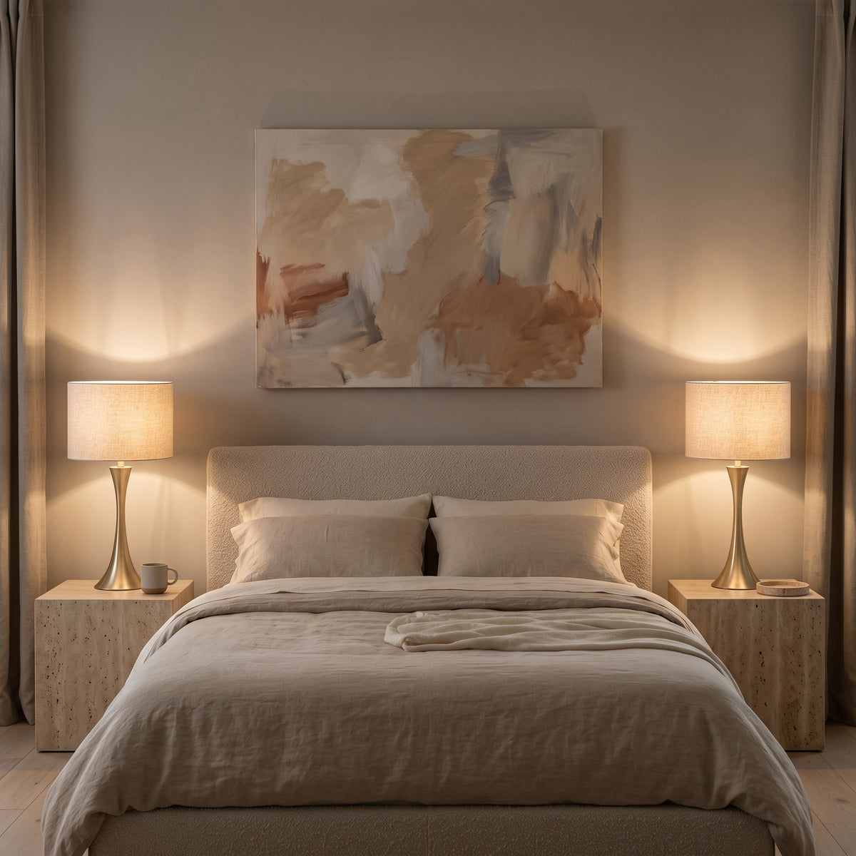 Pair of gold table lamps with linen drum shades lit on stone nightstands either side of a neutral bed