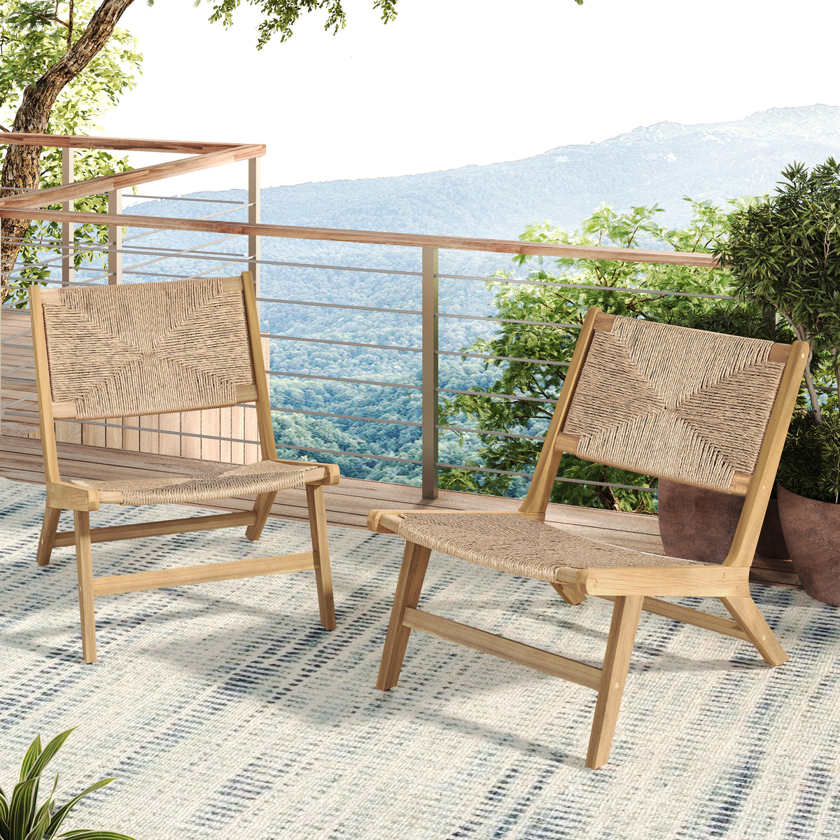 Teak Finish Solid Wood Outdoor Lounge Chair, Armless