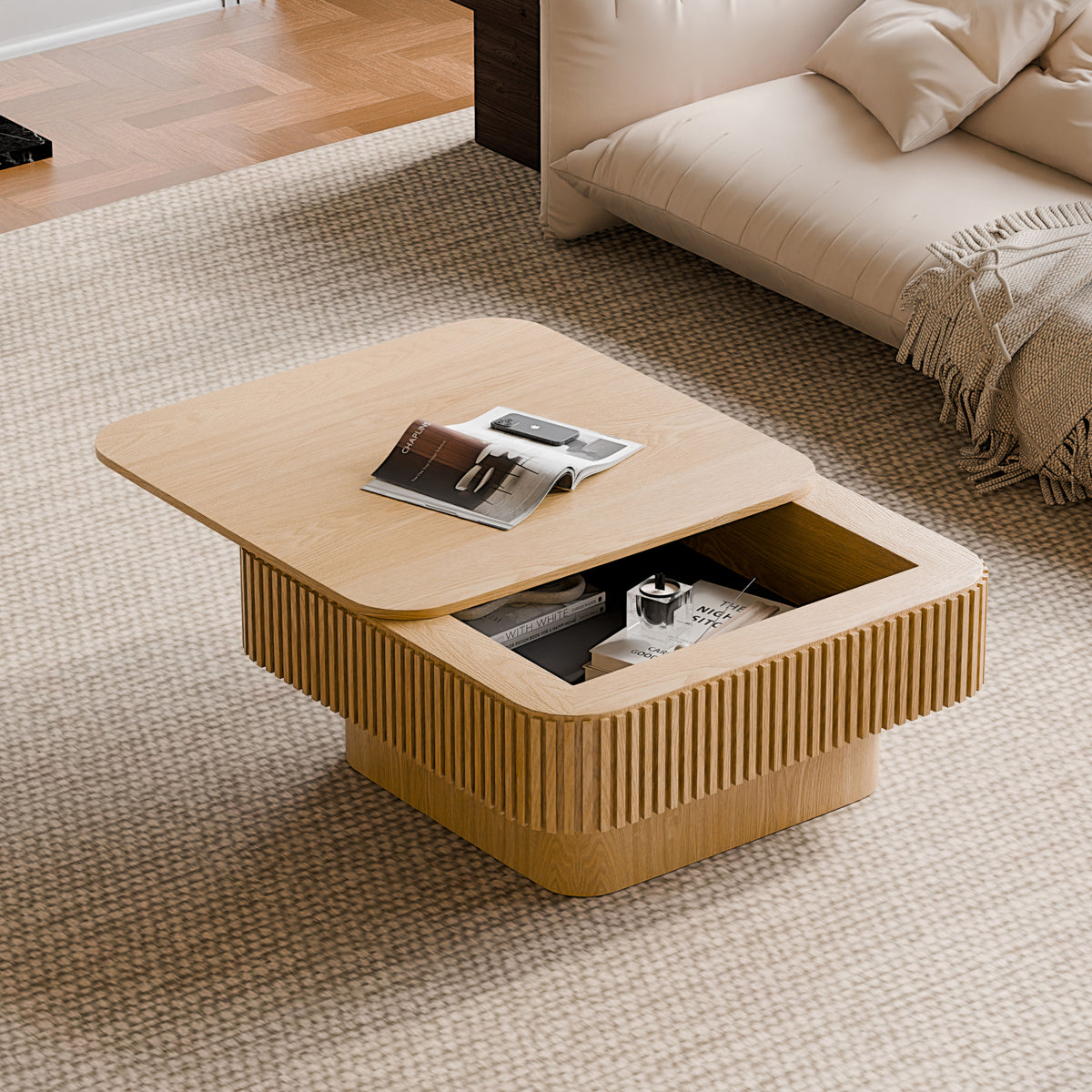 Natural Fluted Square Pedestal Coffee Table with Storage, 31.5 in