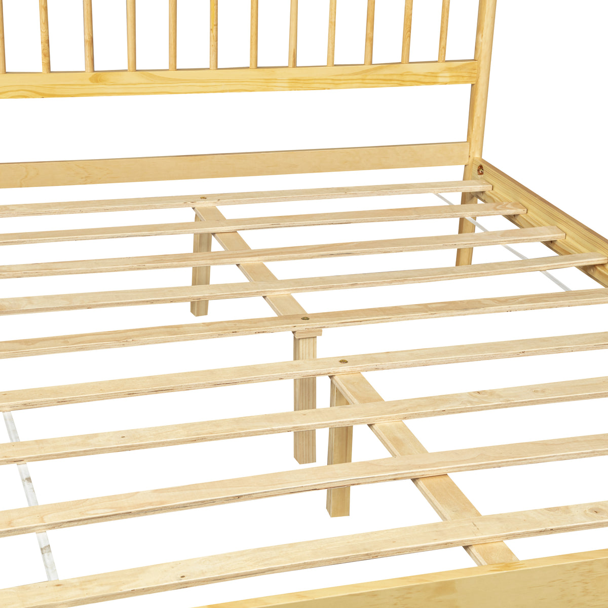 Close-up of the natural pine headboard corner post and spindles on a white background