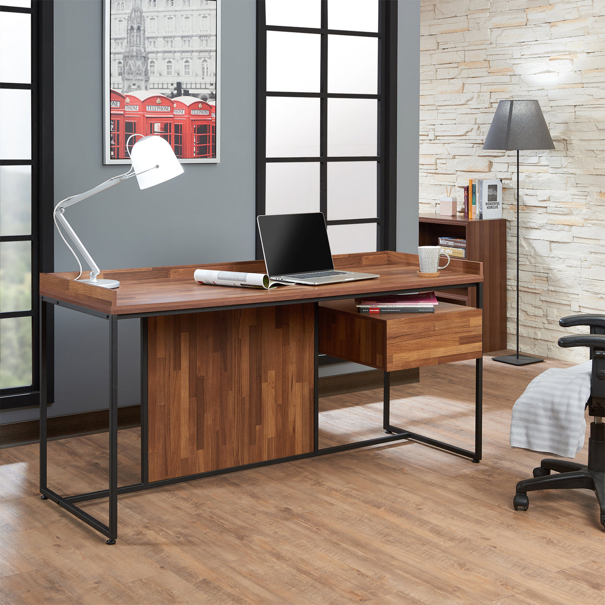 Writing Desk, 1 Drawer, 62 in, Walnut