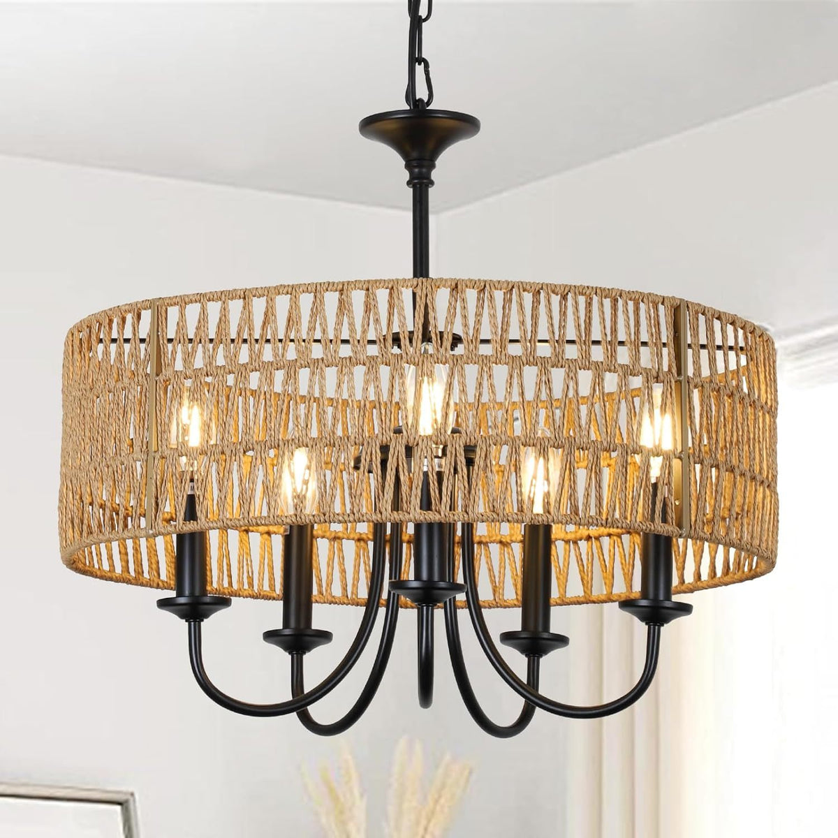 Rattan Chandelier with Hand-Woven Wicker Shade, 5-Light, Brown