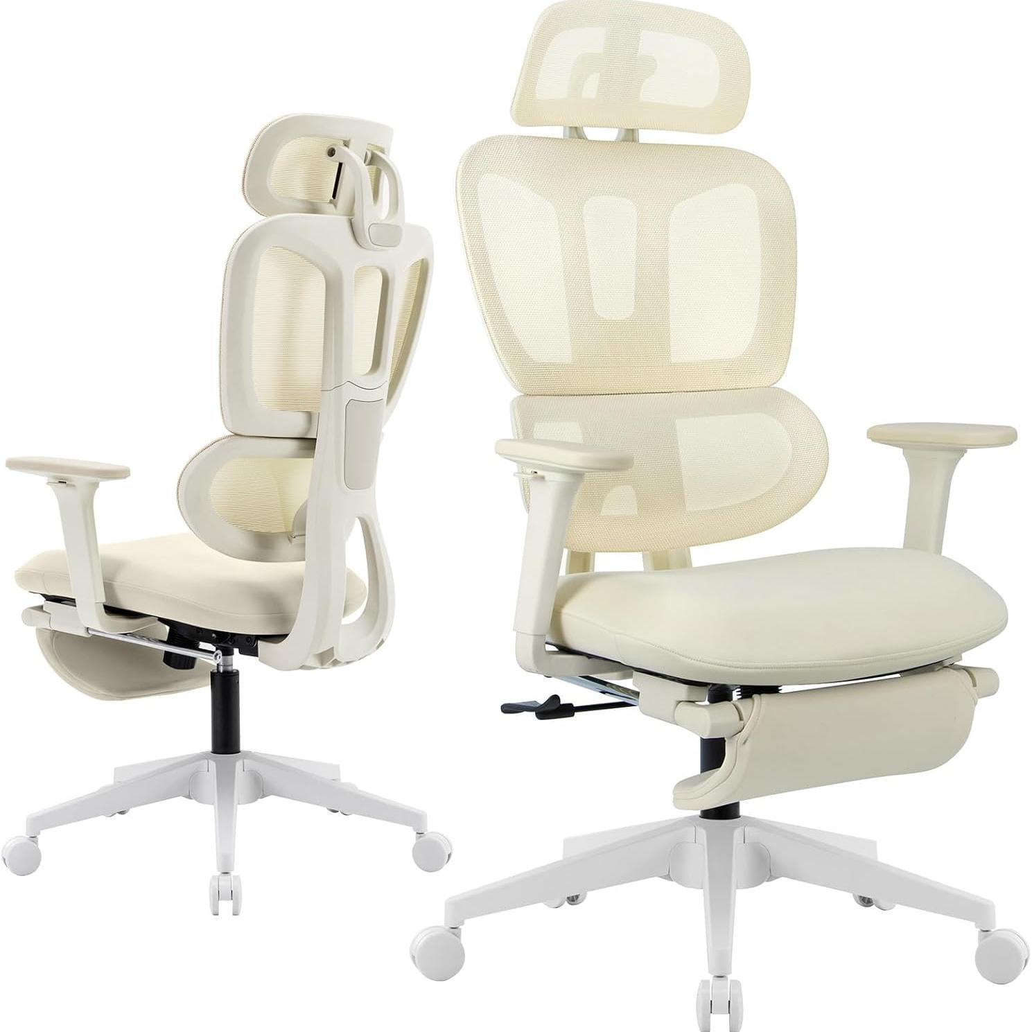 Cream Mesh Office Chair, Footrest, Reclining
