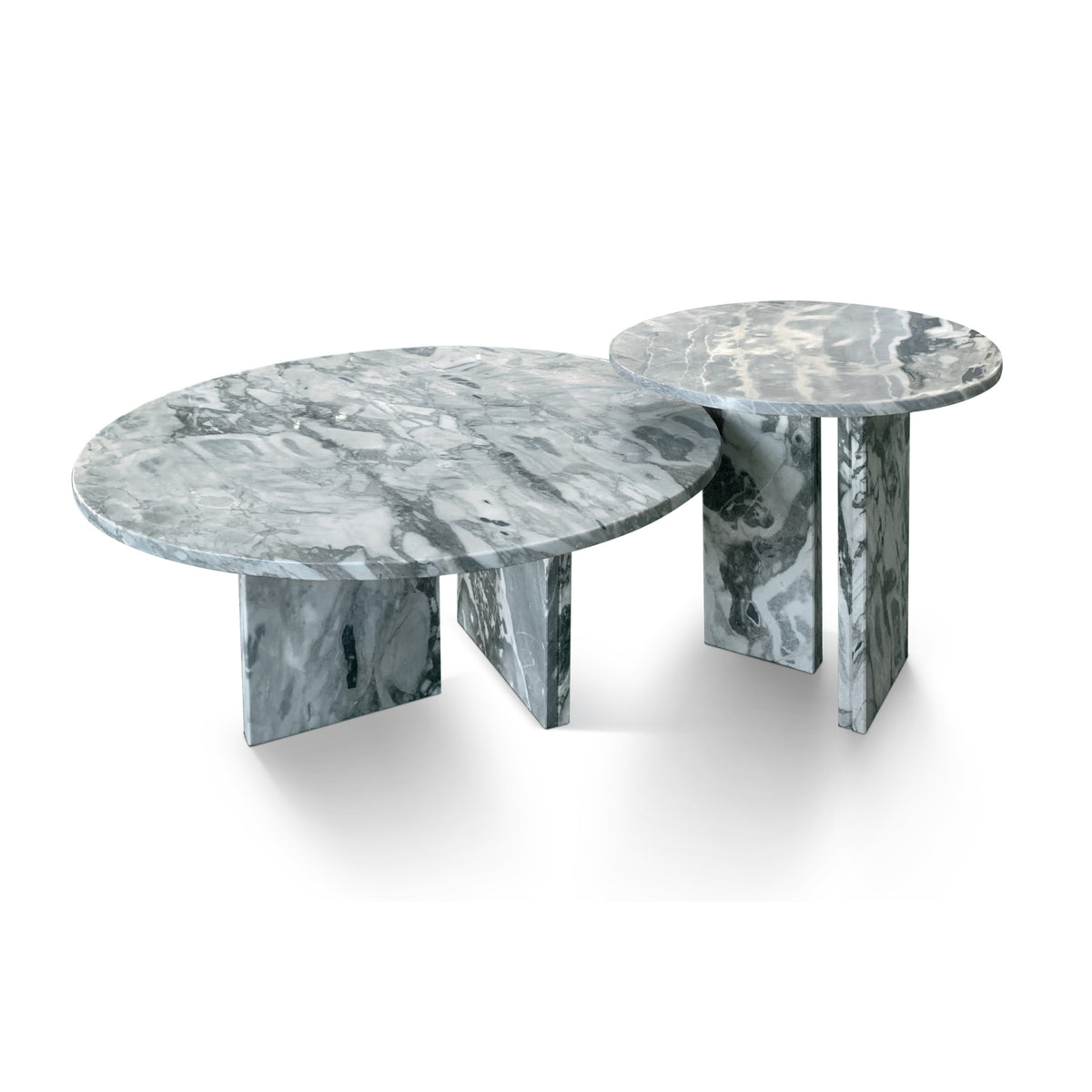 Blue Gray Natural Marble Round Coffee Table, Set of 2