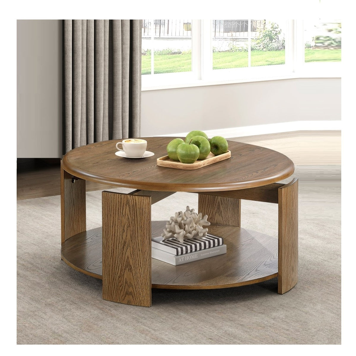 Brown Round Swivel-Top Coffee Table with Shelf and Casters, 39.5 in