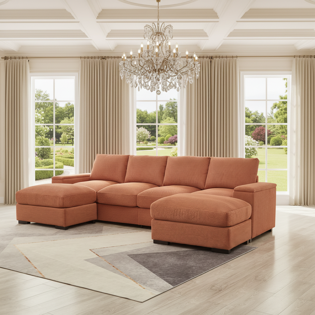 Orange Corduroy U-Shaped Modular Sectional with 2 Ottomans