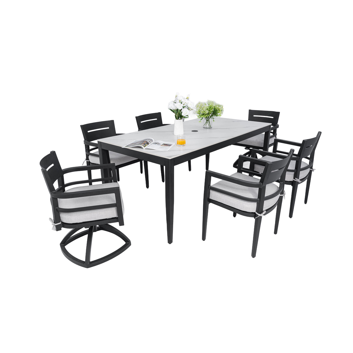 Black Aluminum 7-Piece Patio Dining Set for 6 with Cushions, Sintered Stone Top