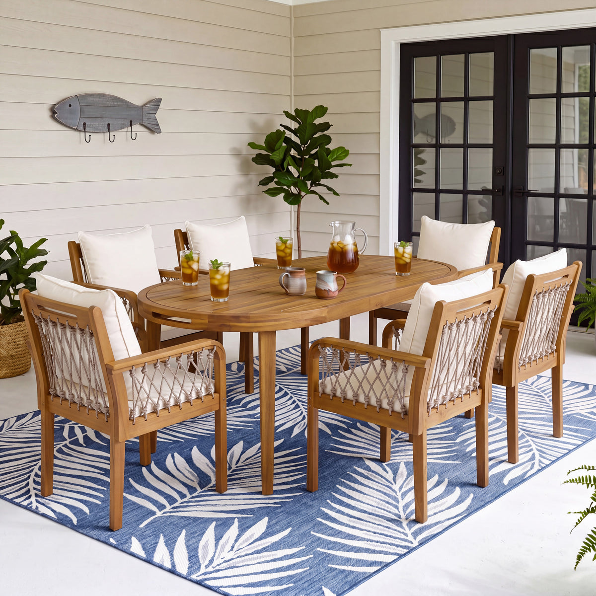 Teak Finish Solid Wood 7-Piece Patio Dining Set for 6 with Beige Cushions