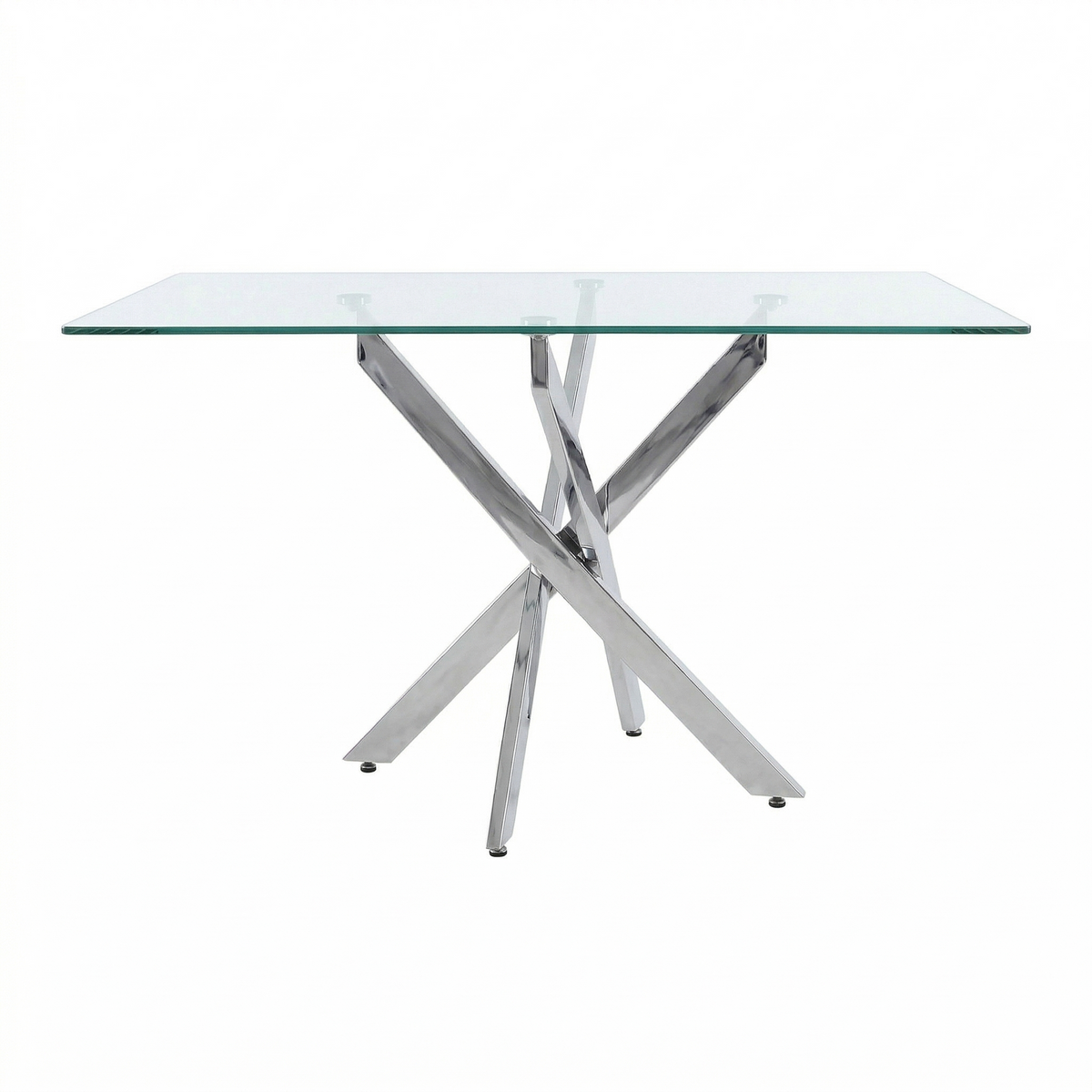 Wide three-quarter studio view of the glass dining table with silver legs