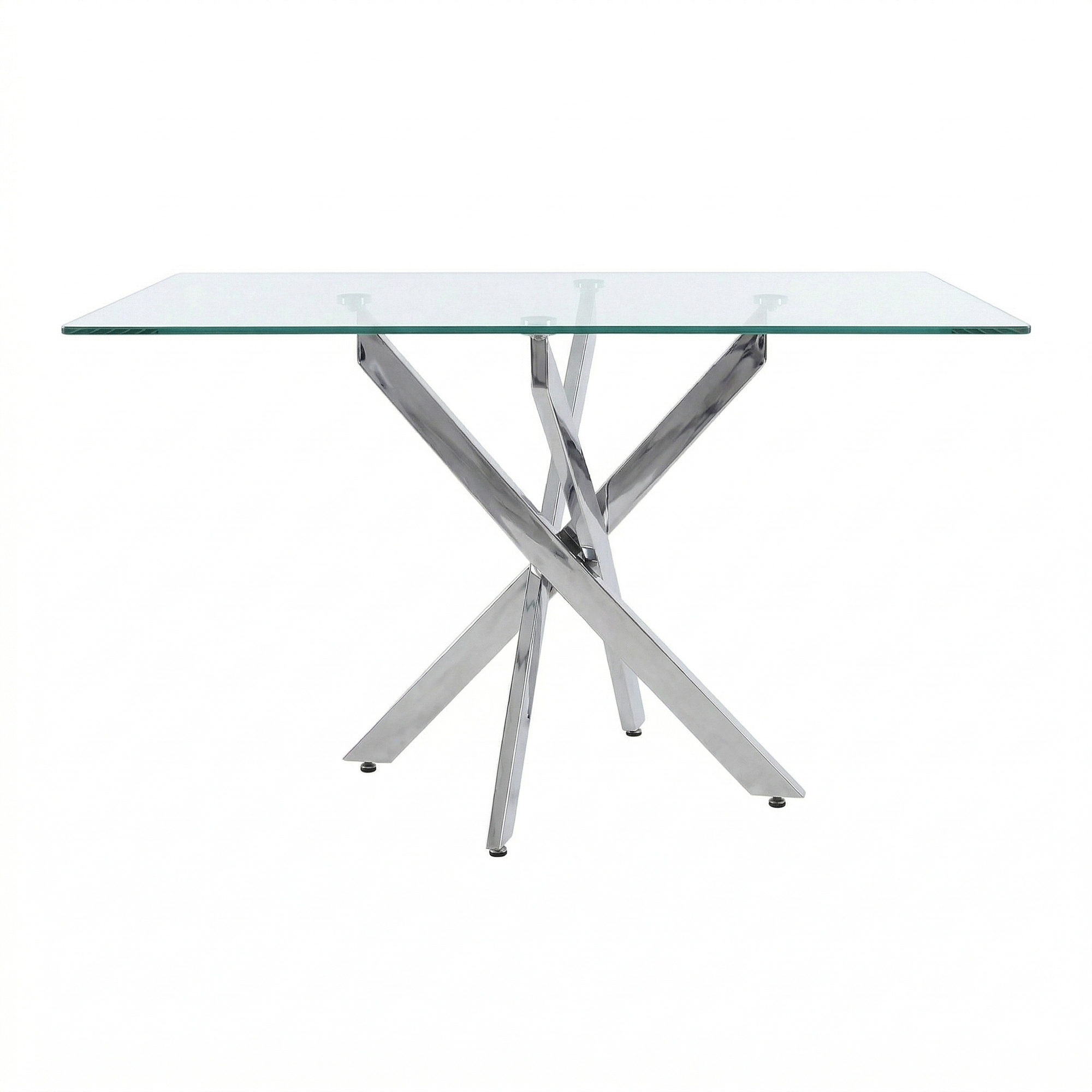 Straight-on front studio view of the glass dining table with silver legs