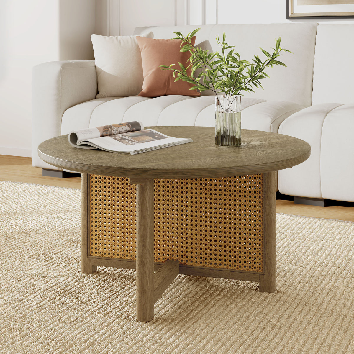 Oak Rattan Round Coffee Table, 32 in