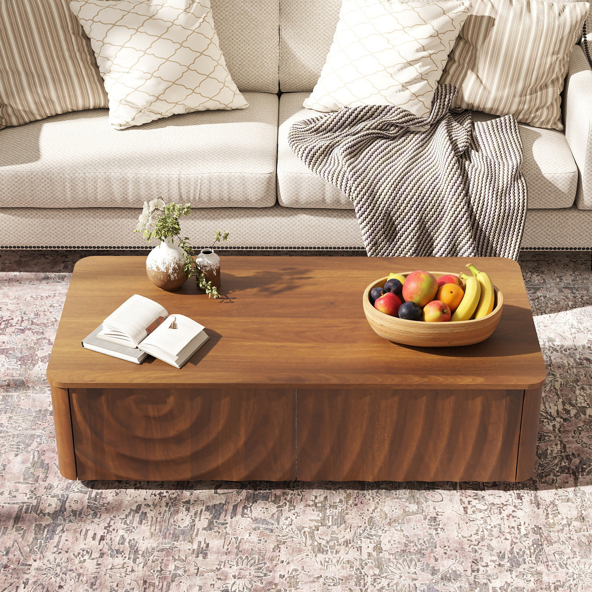 Walnut Wave Texture Rectangular Coffee Table with 2 Drawers, 47.2 in