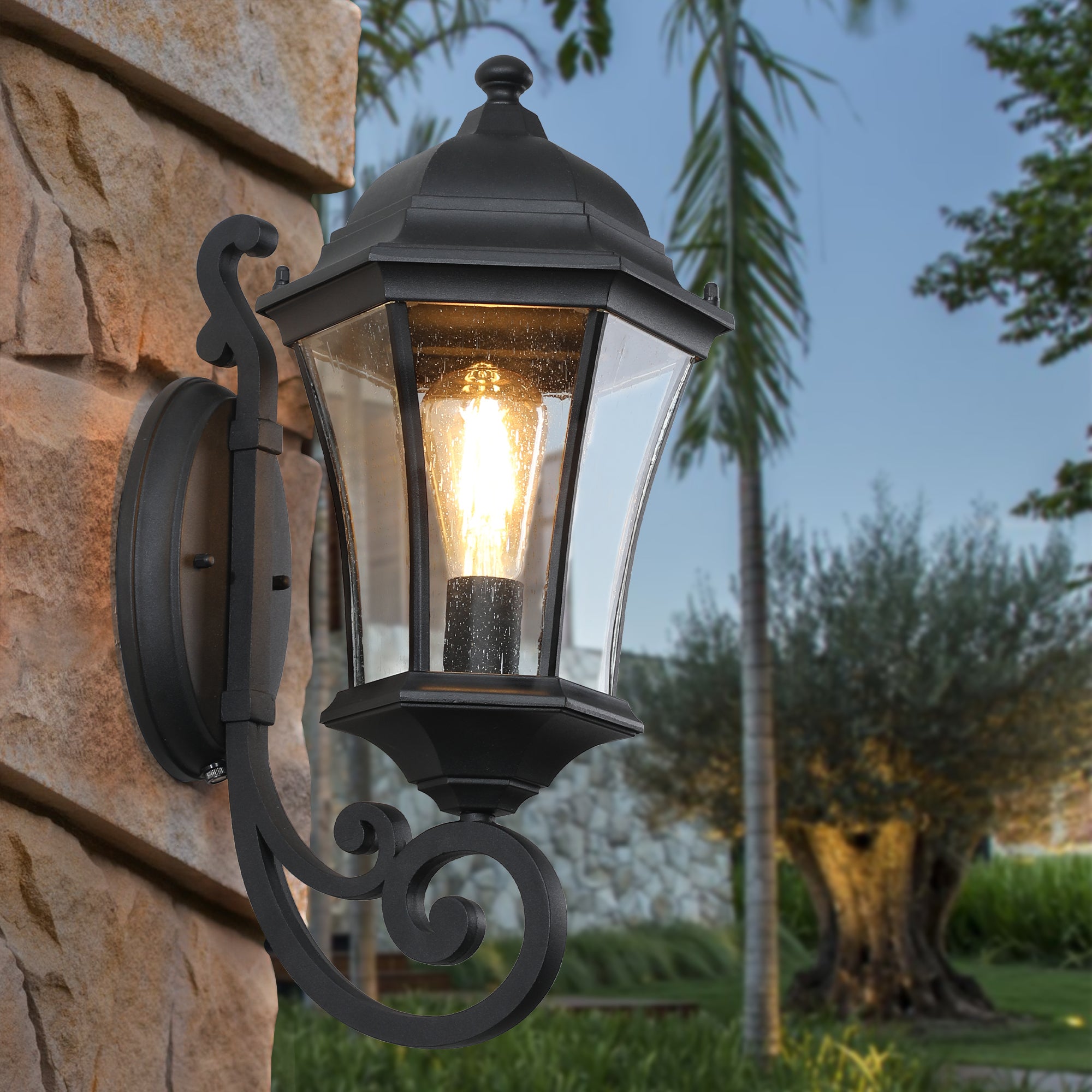 Outdoor Wall Light, Wet-Rated Glass Shade, Black, Set of 2
