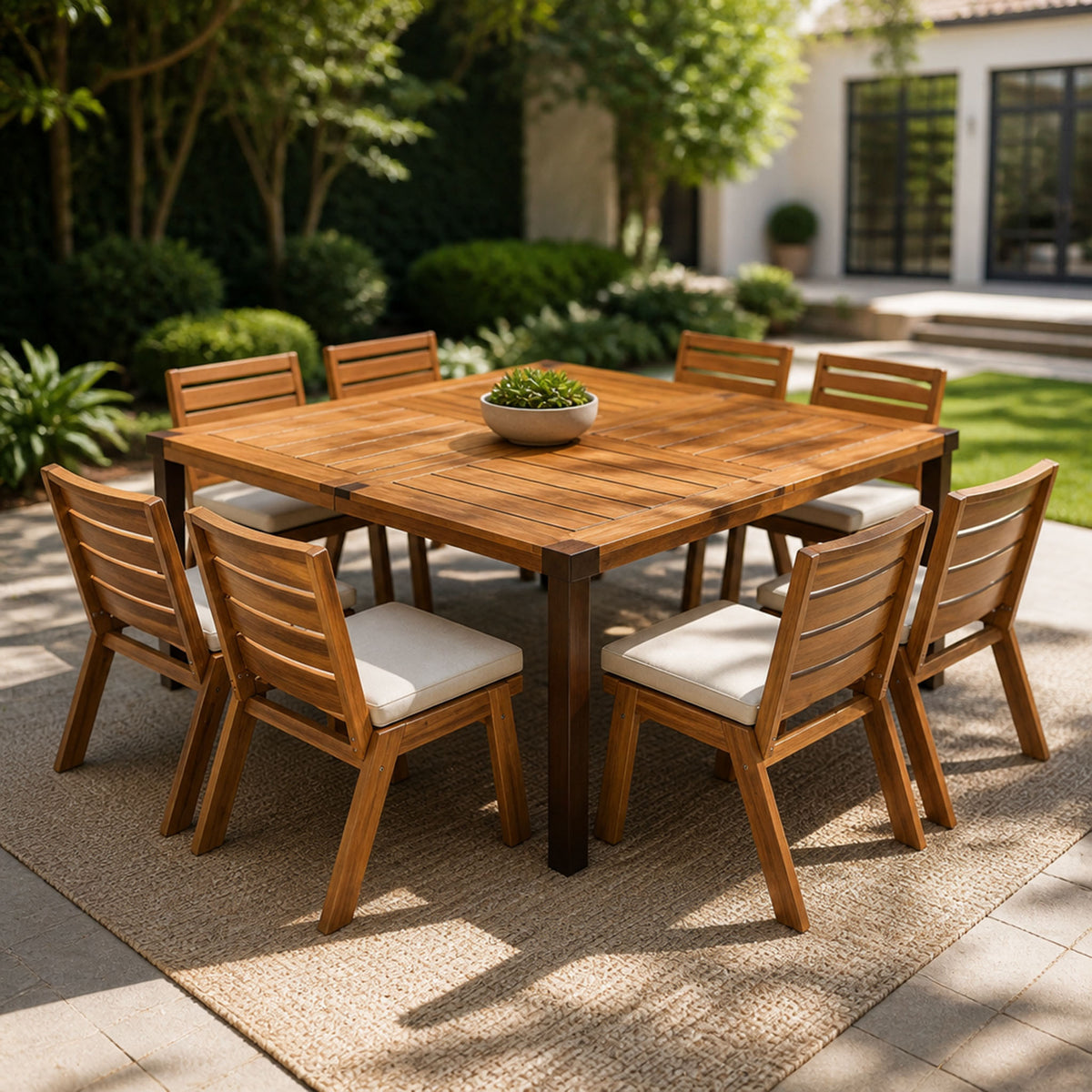 Teak Finish Solid Wood 9-Piece Patio Dining Set for 8 with Beige Cushions