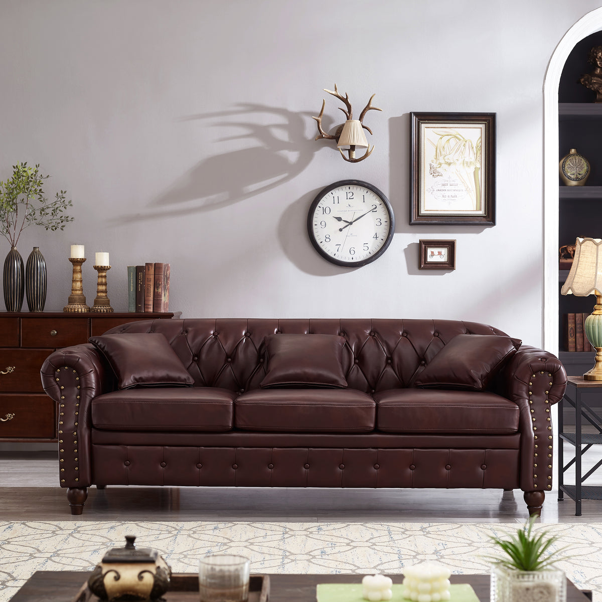 Burgundy Vegan Leather 3-Seat Tufted Chesterfield Sofa, 85.8 in Wide
