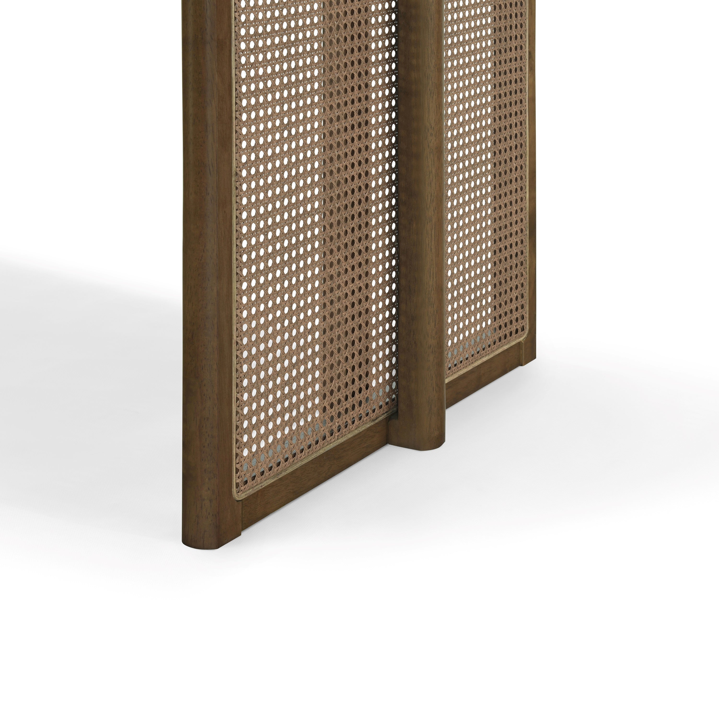 Close-up of a woven cane panel leg base on the walnut solid wood dining table, white background