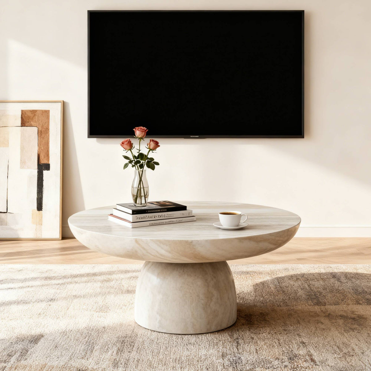 Beige Fiberglass Travertine-Look Round Pedestal Coffee Table, 31.5 in