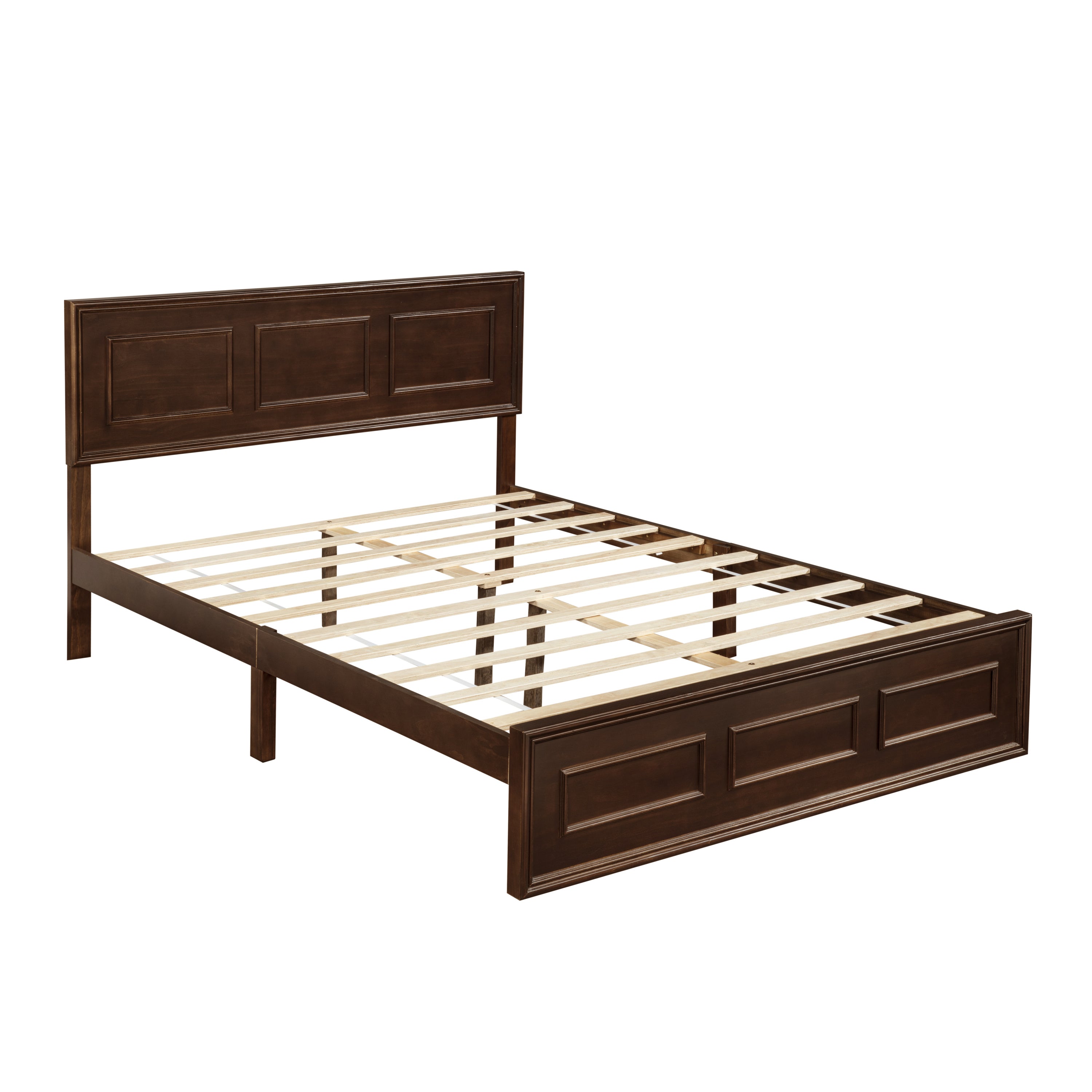 Studio angled view of rich brown wood queen bed frame with headboard and wood slats #Color_Rich Brown