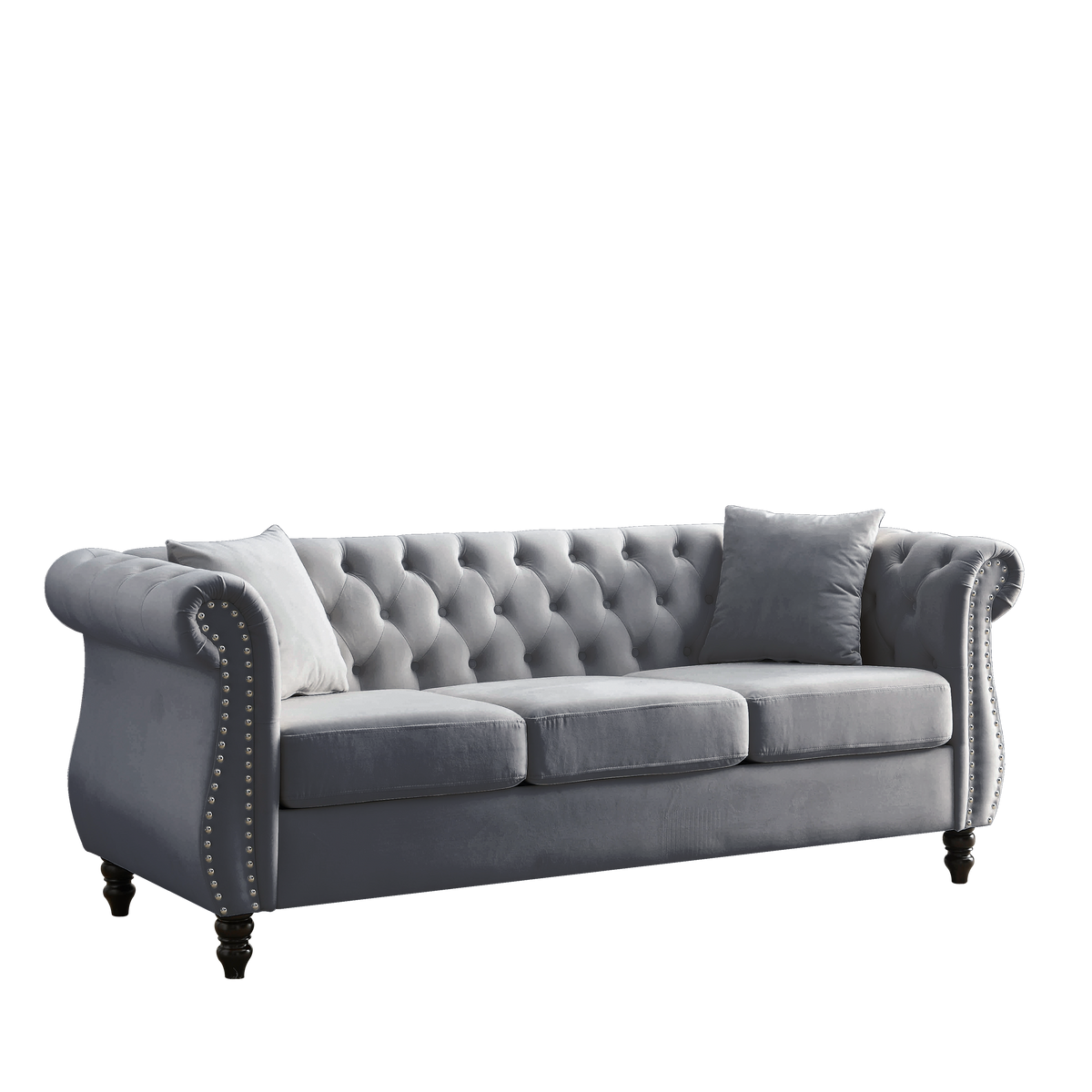 Gray Velvet 3-Seat Tufted Chesterfield Sofa, Nailhead Trim