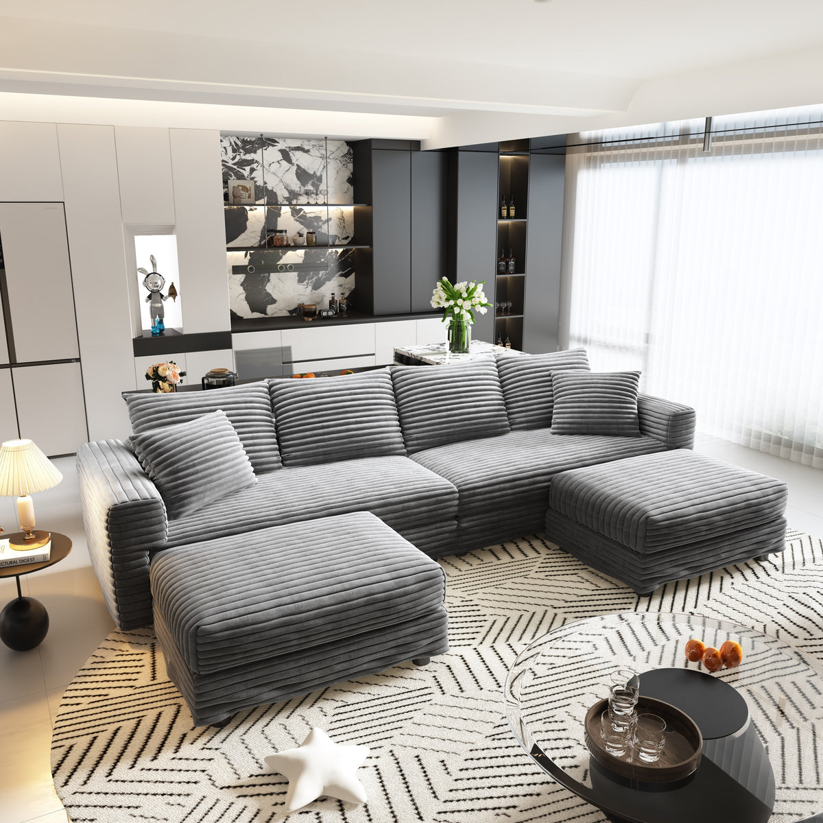 Gray Corduroy 4-Seat Couch with 2 Ottomans, 102.4 in Wide