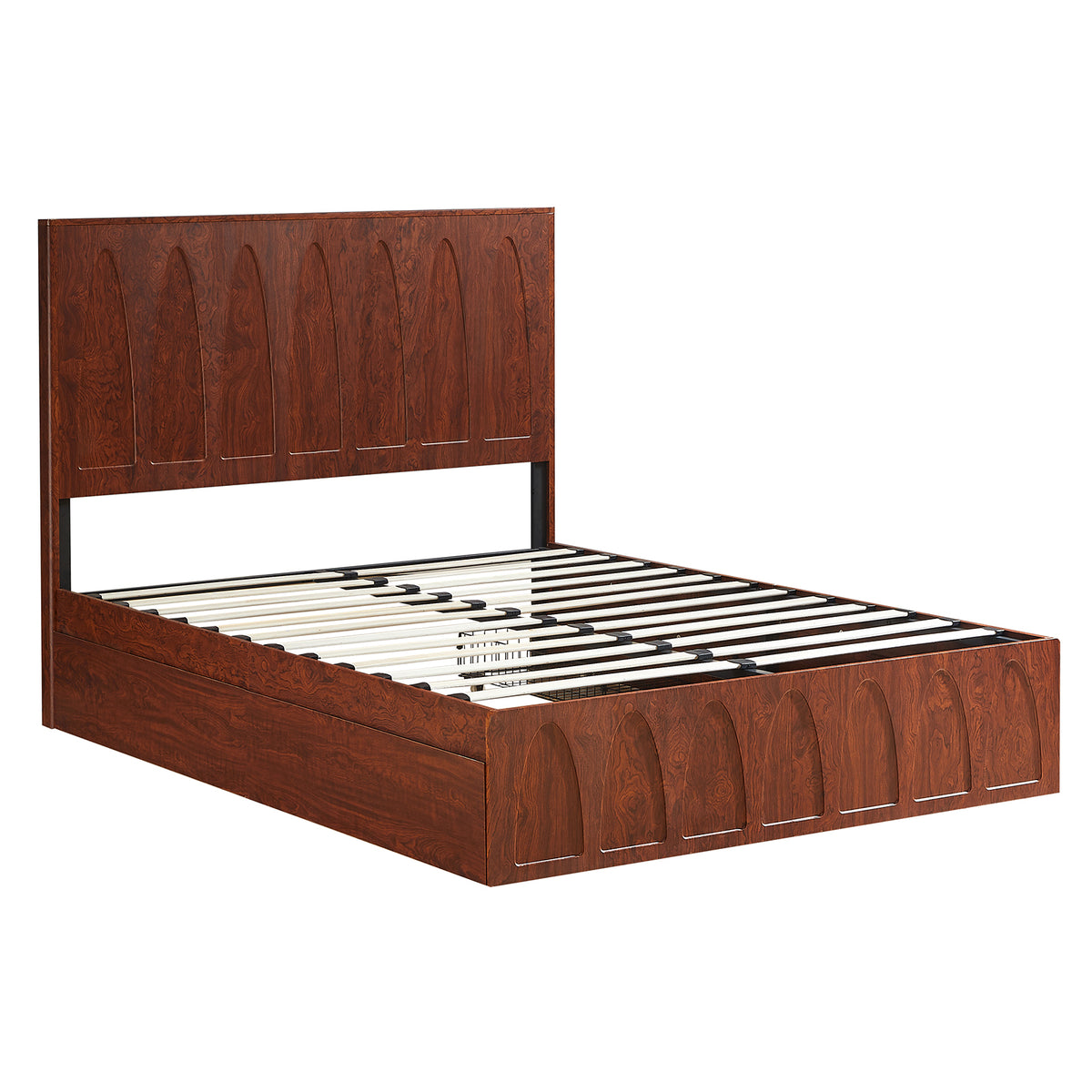 Angled bare dark reddish-brown wood queen frame, wood slats exposed, arched footboard, on white