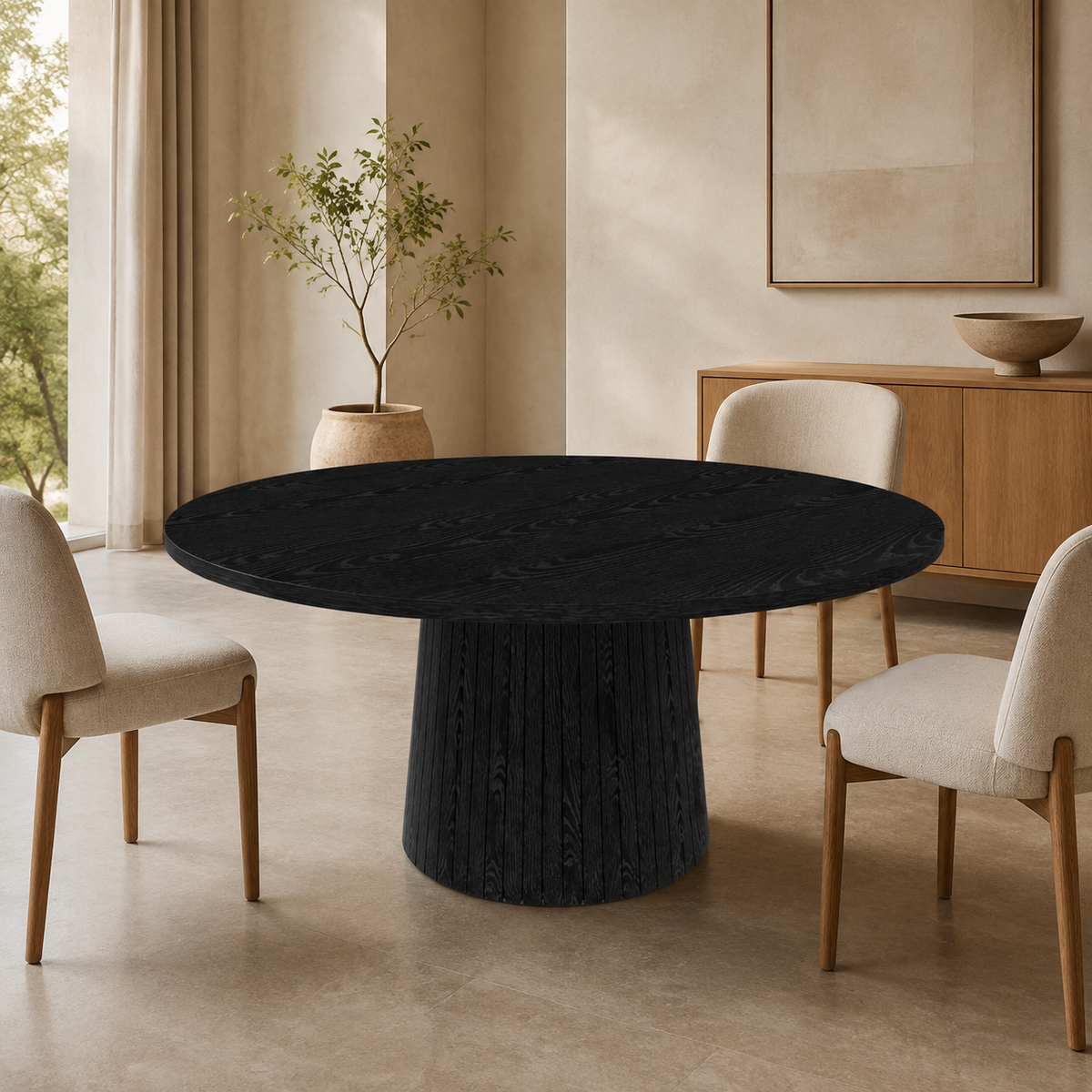 Round Farmhouse Dining Table for 4, Black Finish - 47 Inch