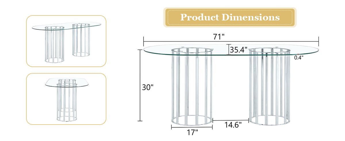 Dimension diagram with side views of the oval glass table, base 17 inches wide and 30 inches tall.