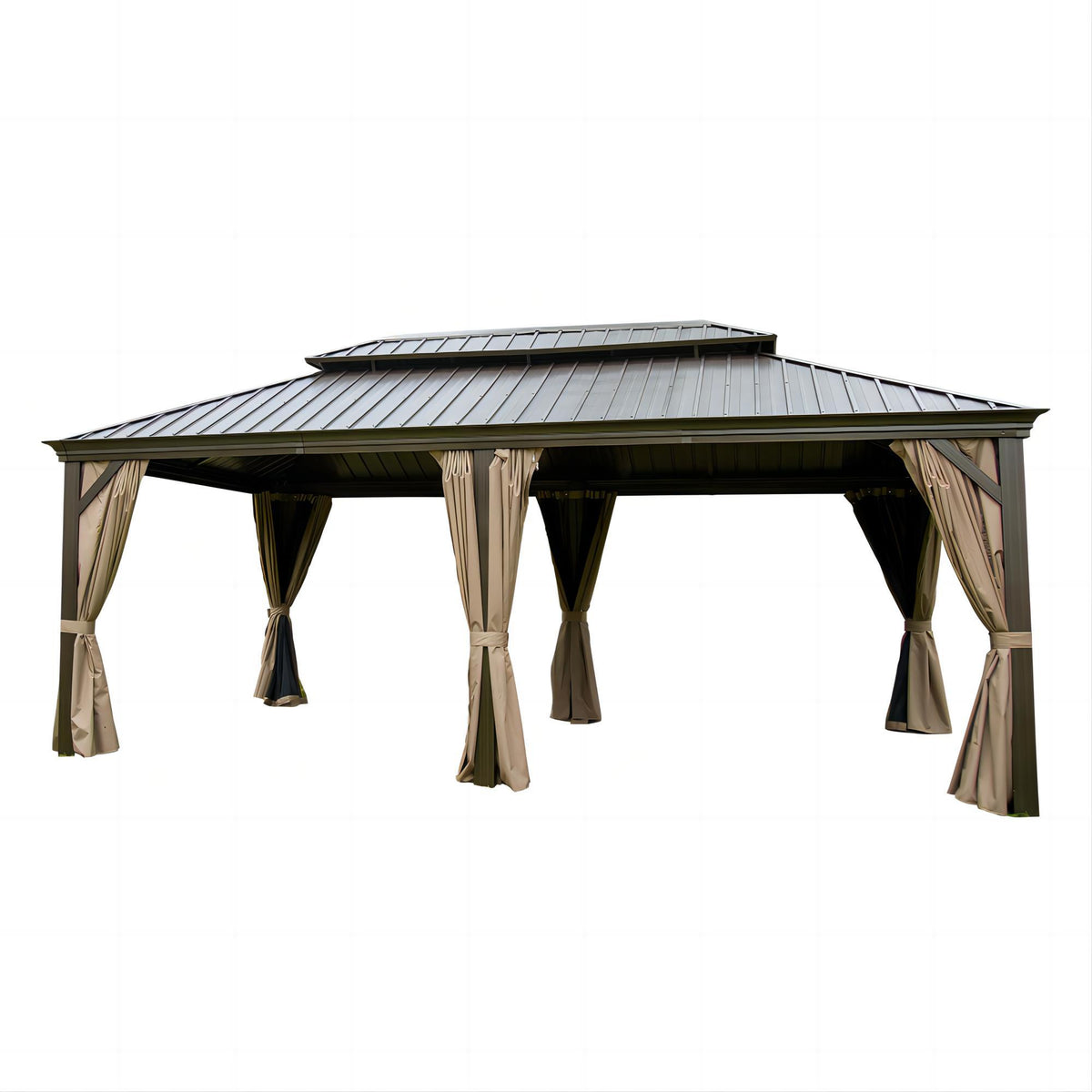12x20 ft Brown Aluminum Double Roof Hardtop Gazebo with Netting and Curtains