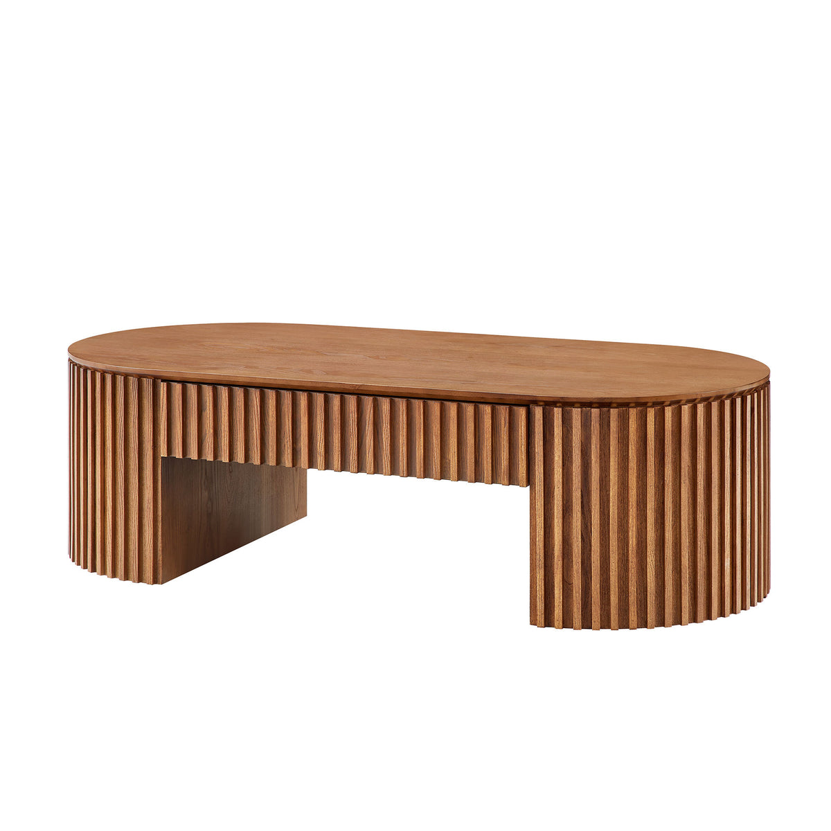 Walnut Fluted Oval Coffee Table with Drawer, 51.2 in
