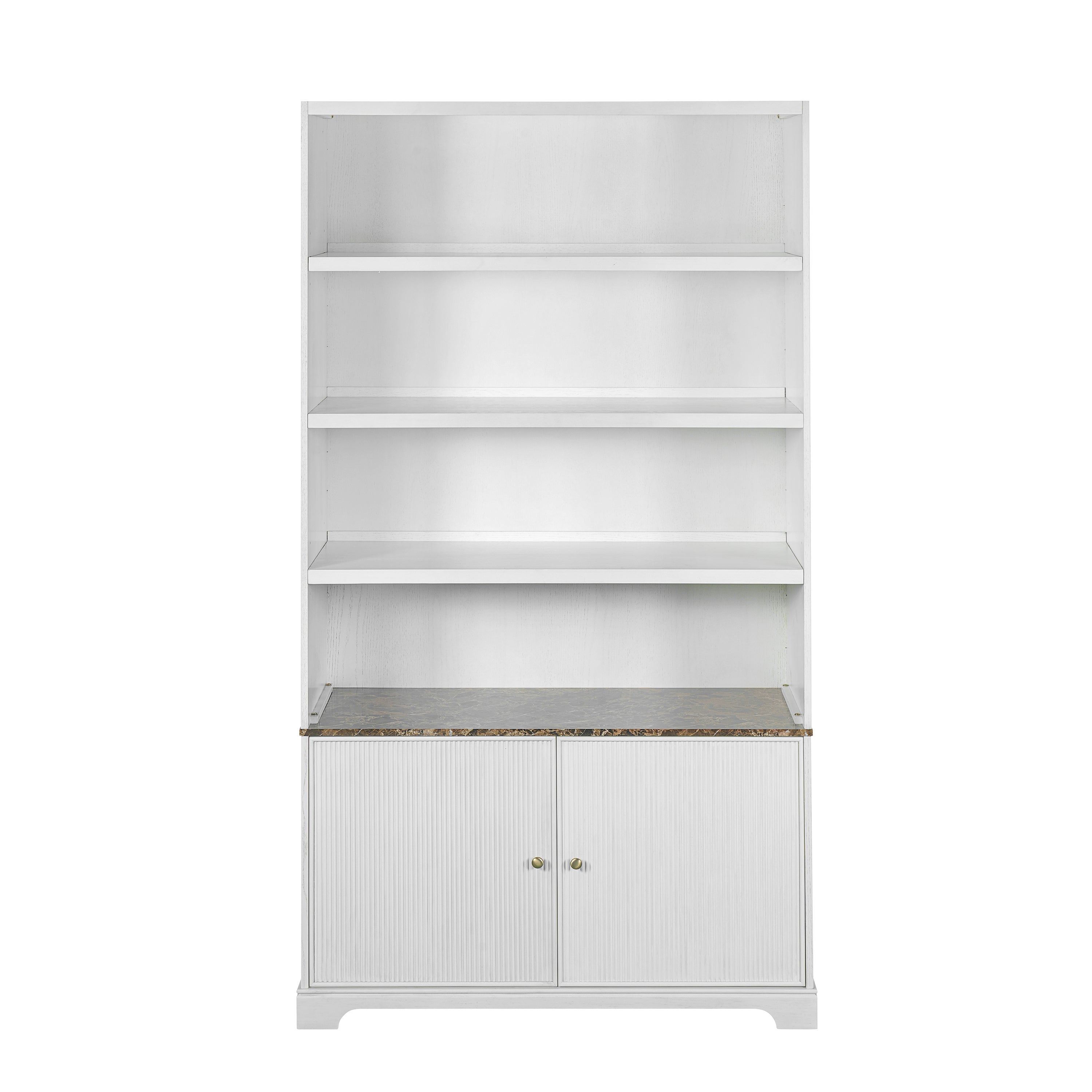Modern Solid Wood Bookcase, Fluted Doors, 3 Shelves, 91.1 in Tall, White