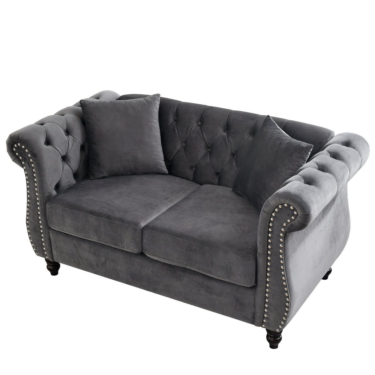 Gray Velvet 2-Seat Tufted Chesterfield Sofa, Nailhead Trim