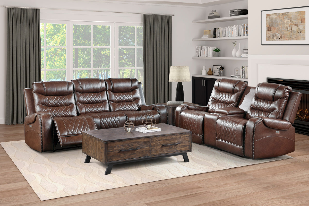 Brown Vegan Leather Power Reclining Sofa and Loveseat Set with Console